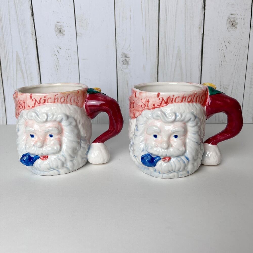 (2) Santa St Nicholas Ceramic Mug Cup Christmas Pipe Handpainted Papel Freelance - Picture 2 of 9